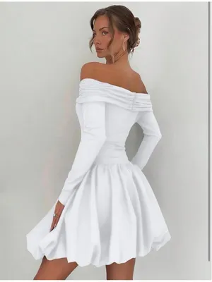 NEW White Off Shoulder Mini Bubble Dress Long Sleeve Drop Waist M thumbnail 2