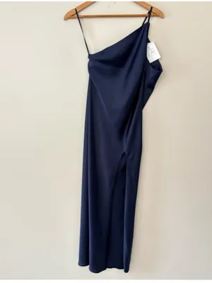 ASOS Navy One Shoulder Satin Midi Dress Side Slit Drape Back Elegant Evening 4 thumbnail 3