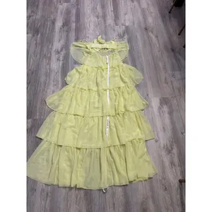 Lucy In The Sky Yellow Tiered Chiffon Maxi Dress Tie Front Cutout Back Small NEW thumbnail 6