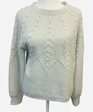 NWT PEARL BEADED CABLE KNIT SWEATER Mint Green‎ Quiet Luxury Old Money Coquette thumbnail 1