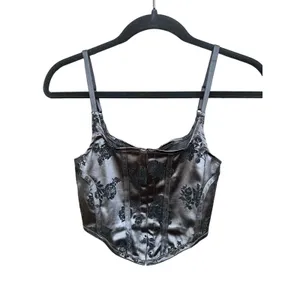 Motel Rocks Elicia Corset Crop Top in Black Rose Flock Black Size XS NWT thumbnail 2