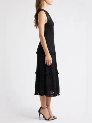 Black Size 6 Lace Sleeveless Tiered Ruffle Midi Dress thumbnail 3