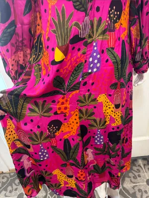Farm Rio Jungle Print Maxi Dress Womens Pink Leopard Monkey Long Sleeve Sz S thumbnail 13