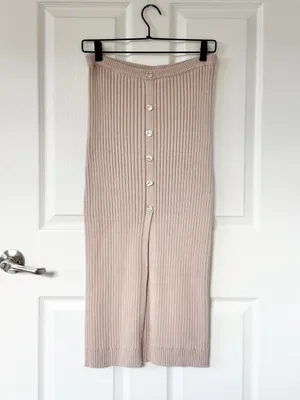 REVOLVE LPA Ribbed Knit Midi Skirt in Blush Beige with another of Pearl Buttons thumbnail 3
