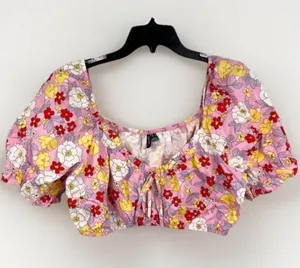 Vero Moda Pink Floral Print Puff Sleeve Tie Front Crop Blouse Size XL thumbnail 1