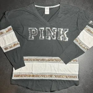 PINK Size S Bling V-Neck Vintage Long Sleeve Varsity Tee thumbnail 1