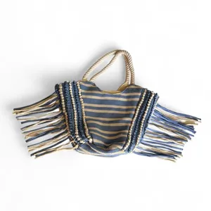 NWOT Blue Cream Boho Fringe Tote Bag Rope Handle thumbnail 6