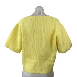 Women's Yellow Ribbed Knit Short Sleeve Button Down Blouse Shirt Top Size M thumbnail 3