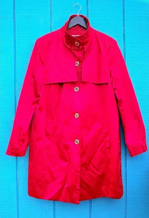 Calvin Klein Dopamine Red Single Breasted Trench Coat‎ Geometric Lining Size L thumbnail 1