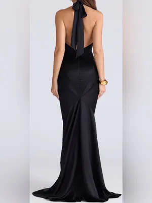 NEW House of CB Oliviana Halter cutout Black Satin Maxi gown sz XS thumbnail 5