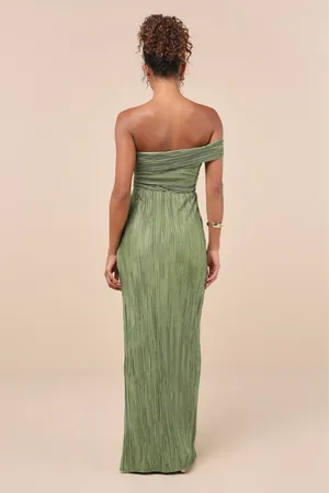 Lulus - Poised Performance Olive Green Plisse One-Shoulder Maxi Dress thumbnail 5