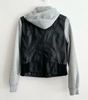 Last Kiss Y2K Black Leather Hybrid Gray Hooded Zip Moto Jacket Size Medium thumbnail 5