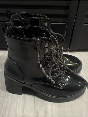 Women's Black‎ Patent Lace-Up Ankle Boots with Side Zip thumbnail 3