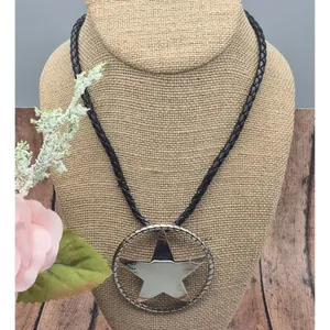 Western Texas Star Brooch Pin Pendant on a Black Faux Cord Collar Necklace 18" thumbnail 6