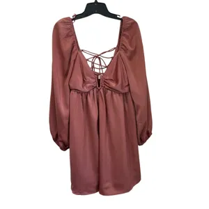 The Post Satin Long‎ Sleeve Mini Dress Lace-Up Back Coquette Pink Party L thumbnail 2