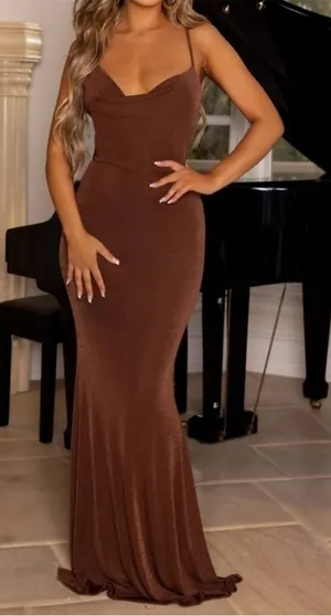 Club L London Phantasy Brown Asymetric Neckline Cowl Maxi Dress Sz US4 UK8 thumbnail 1