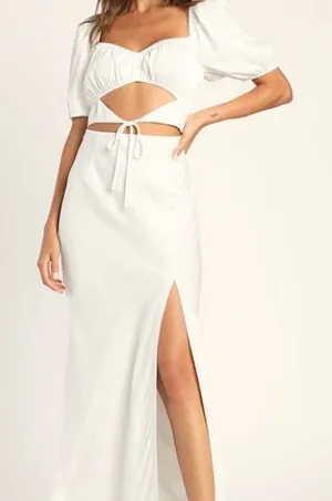 Lulus‎ Cue the Flirting White Puff Sleeve Cutout Maxi Dress Small NWT thumbnail 1