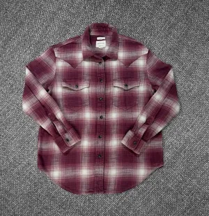 American Eagle Women’s Burgundy Cream Plaid Oversized Western Flannel Shirt thumbnail 1