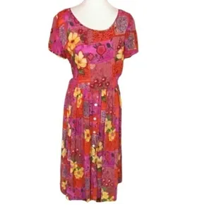BILA Boho Patchwork Floral Midi Dress Pink Red Rayon Size Small thumbnail 2
