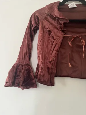Vintage Y2K Chocolate Brown Velvet Tie Front Bell Sleeve Bolero Top Small thumbnail 2
