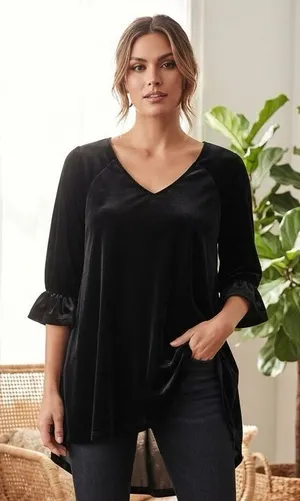 Umgee Black Velvet V-Neck Ruffle Sleeve Tunic Top thumbnail 1