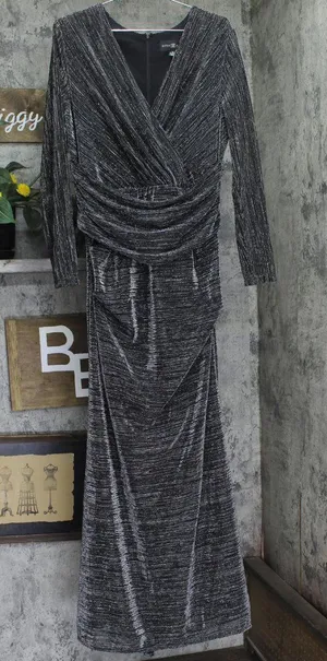 Betsy & Adam Ruched Surplice V Neck Long Sleeved Dress Black / Silver 16 thumbnail 1