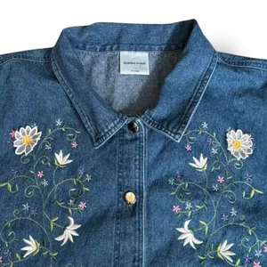 Vintage 90s Embroidered Daisy Floral‎ Sleeveless Medium Wash Chambray Denim XL thumbnail 5