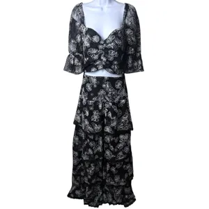 Bossa Concept Black and White Floral Lace Crop Top Maxi Skirt Set Feminine‎ L thumbnail 2