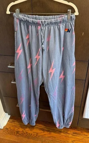 Aviator Nation Repeat Bolt sweatpants in a blue and pink colorway women's xL thumbnail 1