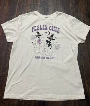 Feelin' Cute Halloween Ghost Graphic Tee - Off White & Purple thumbnail 1