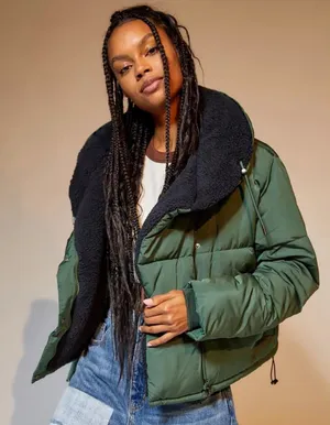 Urban Outiftters BDG Green Fleece Lined Cropped Marlow Puffer‎ Jacket Coat thumbnail 1