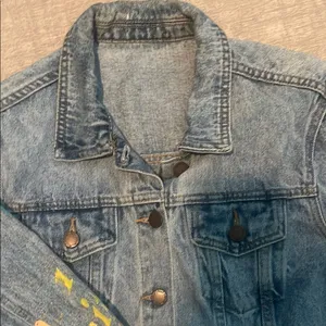 Blue and Pink Cropped Jean Jacket with Decorative Sleeves thumbnail 5