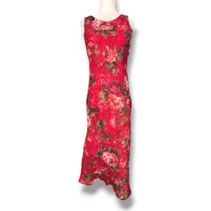 Vintage Red Floral Crinkle Maxi Dress Sleeveless Open Keyhole Back Romantic thumbnail 4