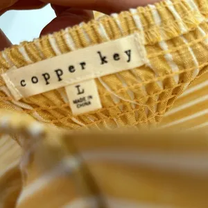 Copper Key Yellow White Striped Jumpsuit Womens Large Wide Leg Smocked Tie Waist thumbnail 6