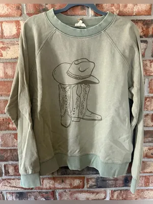 easel Olive Green Crewneck Sweatshirt with Cowboy Hat & Boots Graphic thumbnail 1