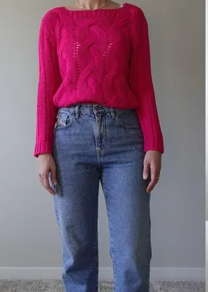 Fuchsia Pink Knit Cozy Square Neck Sweater One Size thumbnail 3
