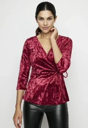 Inner Beauty Burgundy Red Crushed Velvet Surplice Front 3/4 Sleeve Top Size 2X thumbnail 1