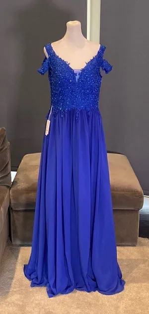 Women’s Blue A-Line Lace Appliqué Bridesmaid Party Dress Leg Slit Size 10 NWT thumbnail 1