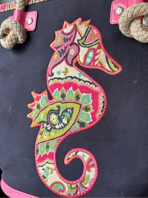Spartina 449 Navy Tote with Pink Trim and Multicolor Seahorse thumbnail 3