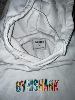 Gymshark Embroidered Logo Pullover Hoodie in White with Multicolored Text thumbnail 5