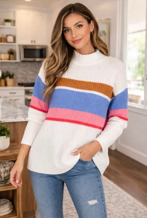 Women's Arizona Jean Co White Multicolor Striped Crew Neck Sweater M thumbnail 1