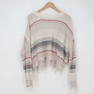 Just Polly Sweater Womens L Distressed V-Neck Cream Pink Striped Grunge Exc thumbnail 3