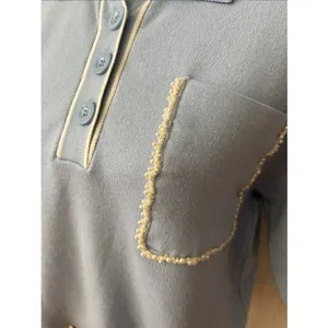 Maeve Anthropologie The Elliot Light Blue Pearl Embellished Knit Polo Top Sz SM thumbnail 6