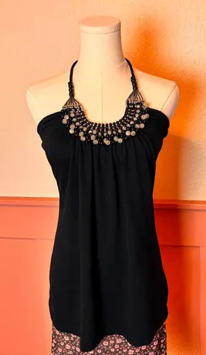 y2k boho chic beaded halter going out top wildcat sz medium cotton black thumbnail 1