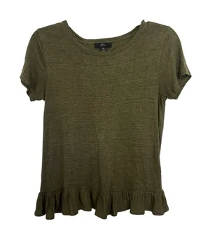 J Crew 100% Linen Olive Green Ruffle Short Sleeve Peplum Top XS Sustainable thumbnail 1
