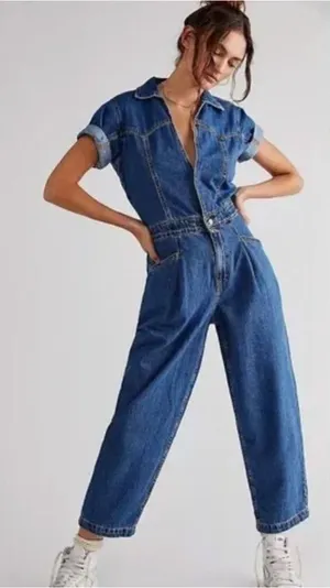 We The Free People Marla Trouser Coveralls Denim Jumpsuit M Utility Western Blue thumbnail 1