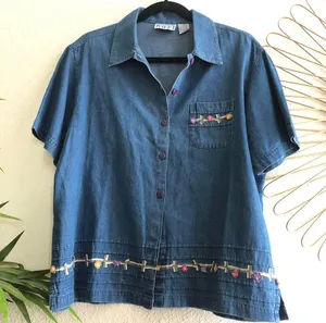 1990s Blue denim button up down shirt blouse floral pattern, short sleeve, front pocket-100% Cotton thumbnail 1