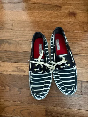 Sperry Black & White Striped Canvas Boat Shoes with Red Insole thumbnail 21