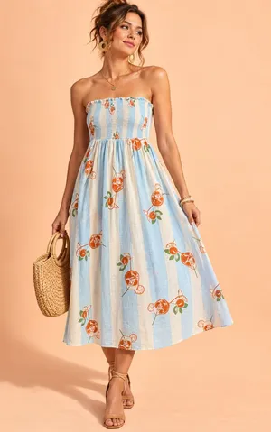 C&C California Linen Strapless Midi Orange Cocktail Spritz Novelty Print Dress thumbnail 1
