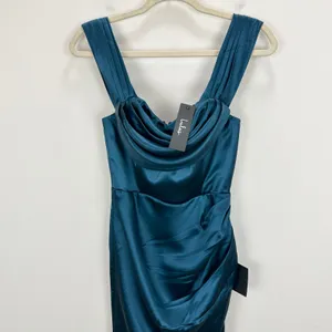 Lulus Stunning Arrival Dark Teal Satin Off The Shoulder Maxi Dress Formal M NWT thumbnail 6